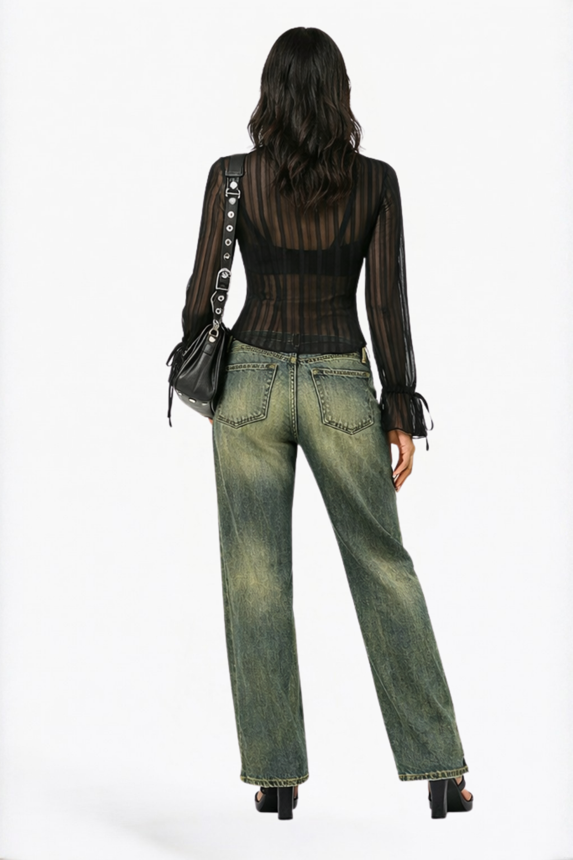 Black Striped Sheer Button-Up Shirt Blouse