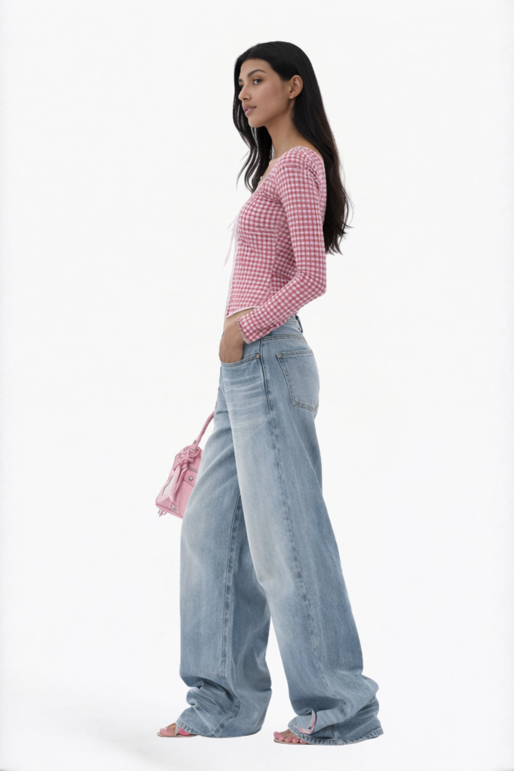 Pink Gingham Tie-Front Cropped Cardigan Blouse