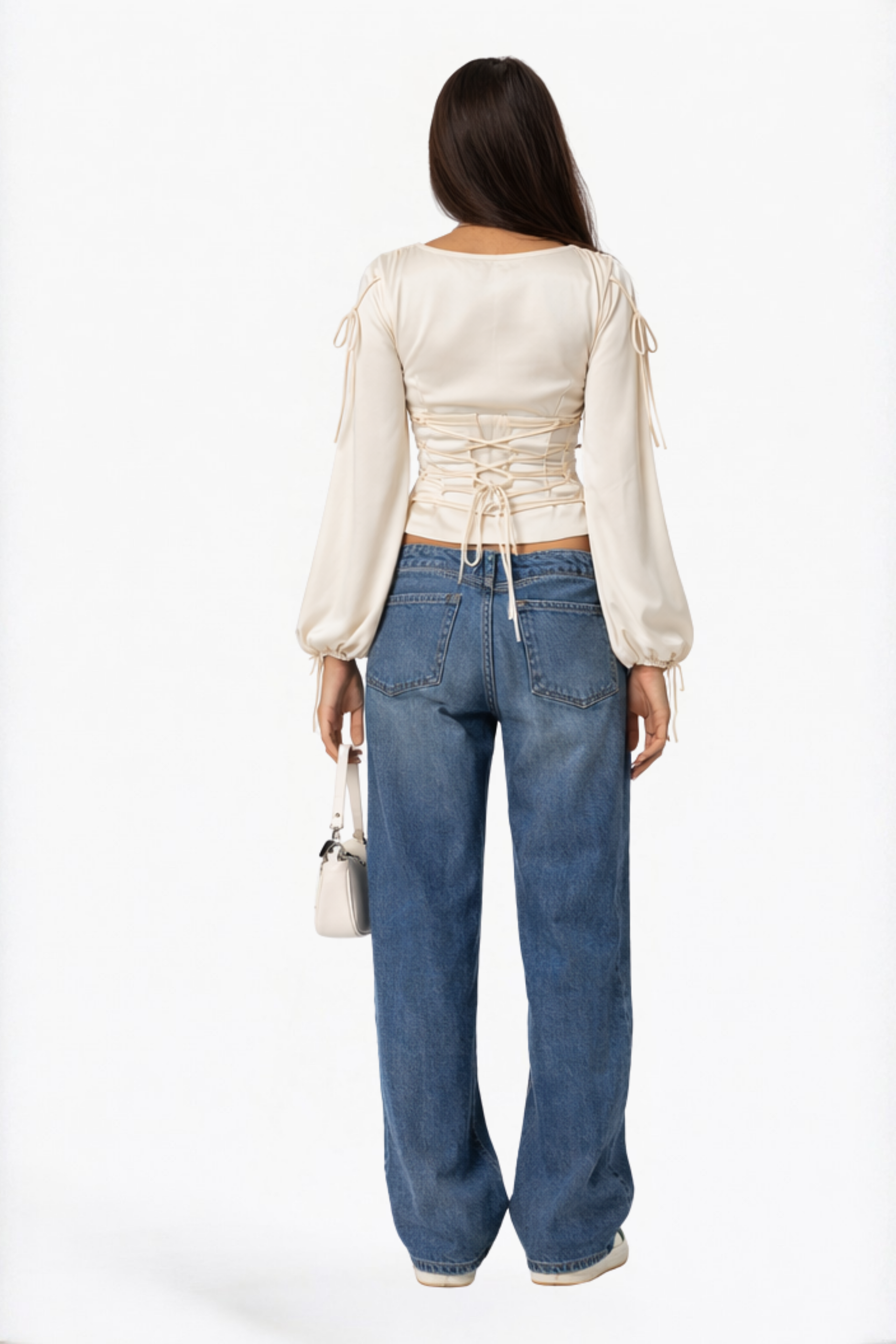 Cream Solid Lace-Up Corset Waist Blouse