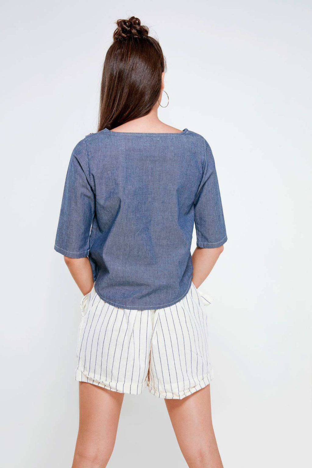 Grey Cross Placket Denim Top