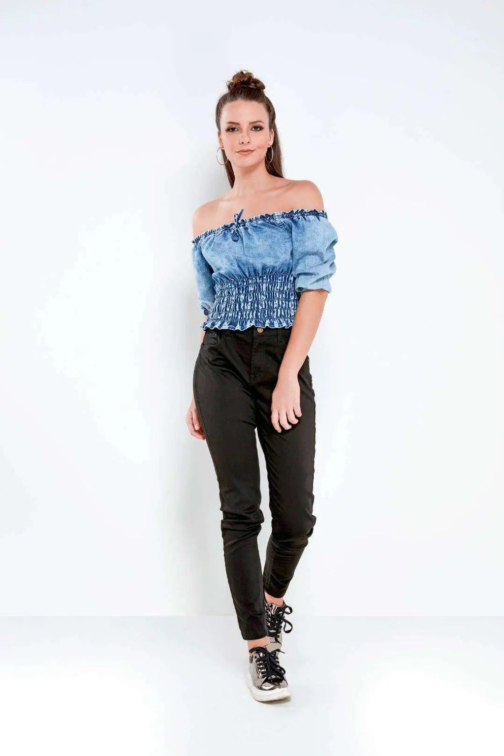 Light Blue Off Shoulder Elasticated Denim Top